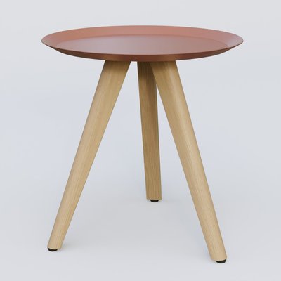 [Pas de famille] - [Pas de sous famille] - Table Basse Fashion Styl piètement 3 pieds bois et plateau métal. Plateau Brun cuivré (RAL 8004) et pietement Chêne.