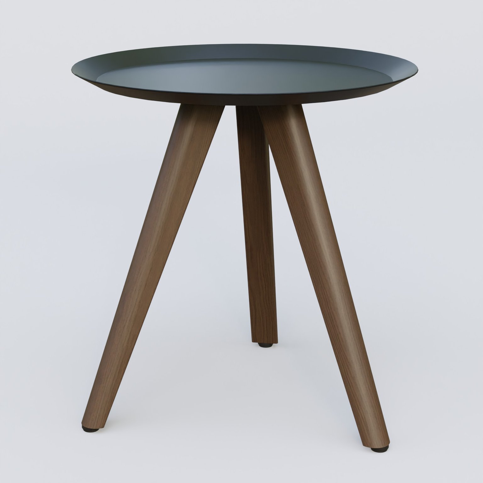 Table Basse Fashion Styl piètement 3 pieds bois et plateau métal. Plateau Noir (RAL 9005) et pietement Chêne Moka.
