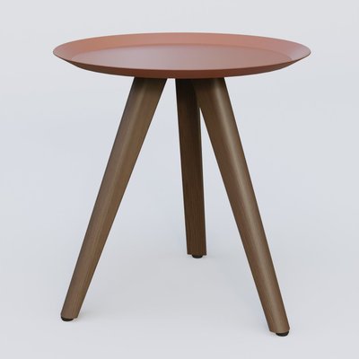 [Pas de famille] - [Pas de sous famille] - Table Basse Fashion Styl piètement 3 pieds bois et plateau métal. Plateau Brun cuivré (RAL 8004) et pietement Chêne Moka.