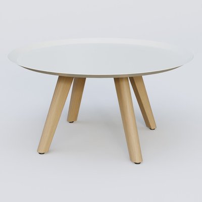 [Pas de famille] - [Pas de sous famille] - Table Basse Fashion Styl piètement 3 pieds bois et plateau métal. Plateau Blanc (RAL 9010) et pietement Chêne.