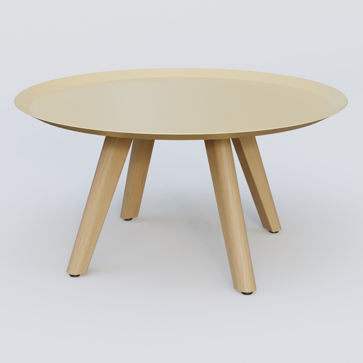 Table Basse Fashion Styl piètement 3 pieds bois et plateau métal. Plateau Jaune Cuivre (RAL 1002) et pietement Chêne.