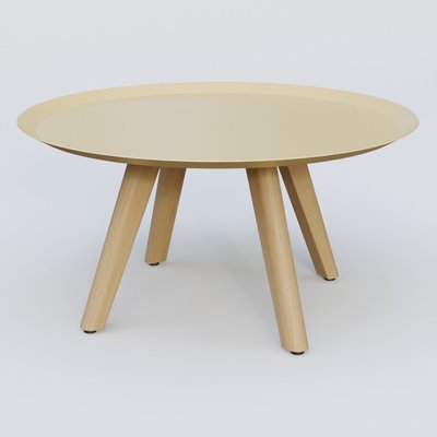 [Pas de famille] - [Pas de sous famille] - Table Basse Fashion Styl piètement 3 pieds bois et plateau métal. Plateau Jaune Cuivre (RAL 1002) et pietement Chêne.