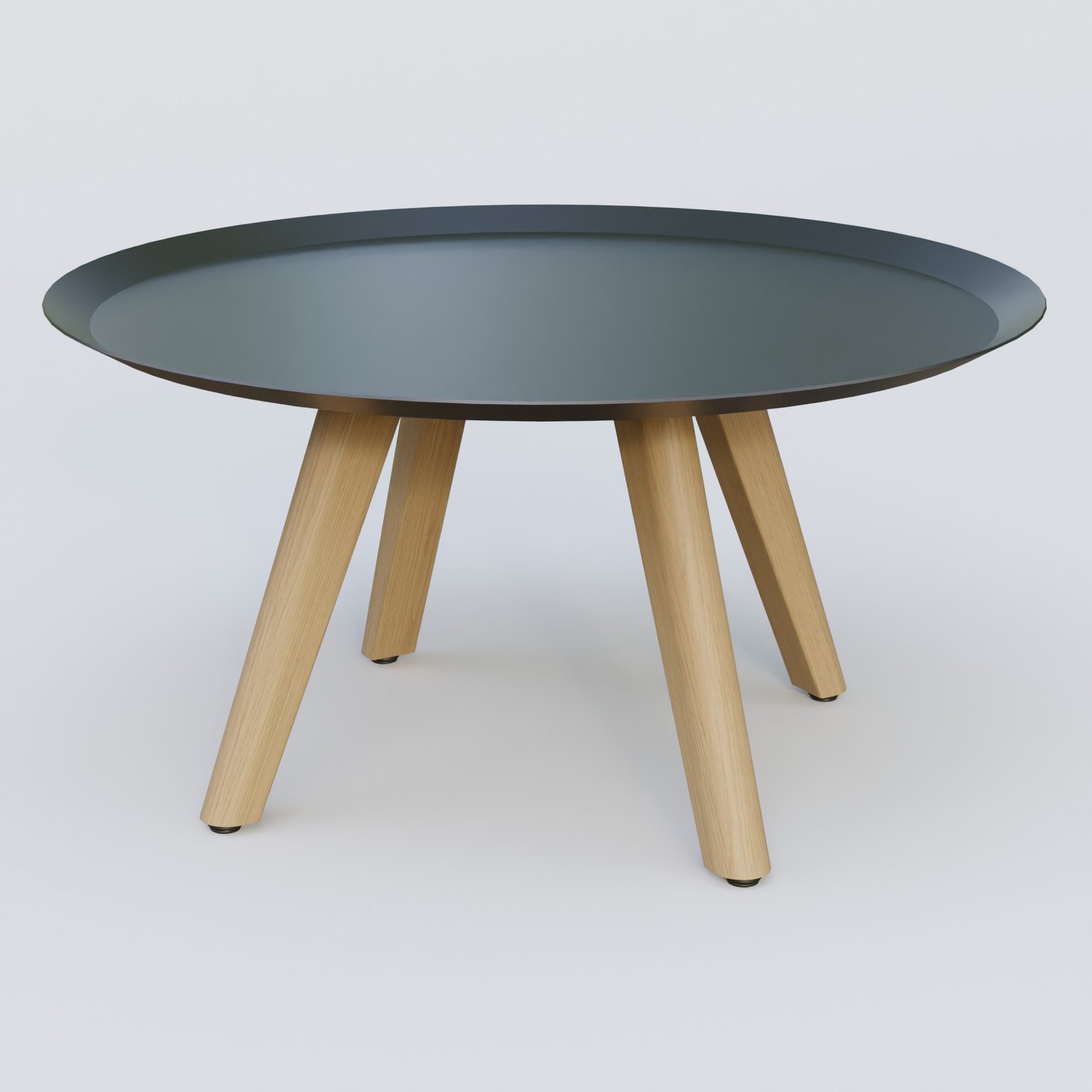 Table Basse Fashion Styl piètement 3 pieds bois et plateau métal. Plateau Noir (RAL 9005) et pietement Chêne.