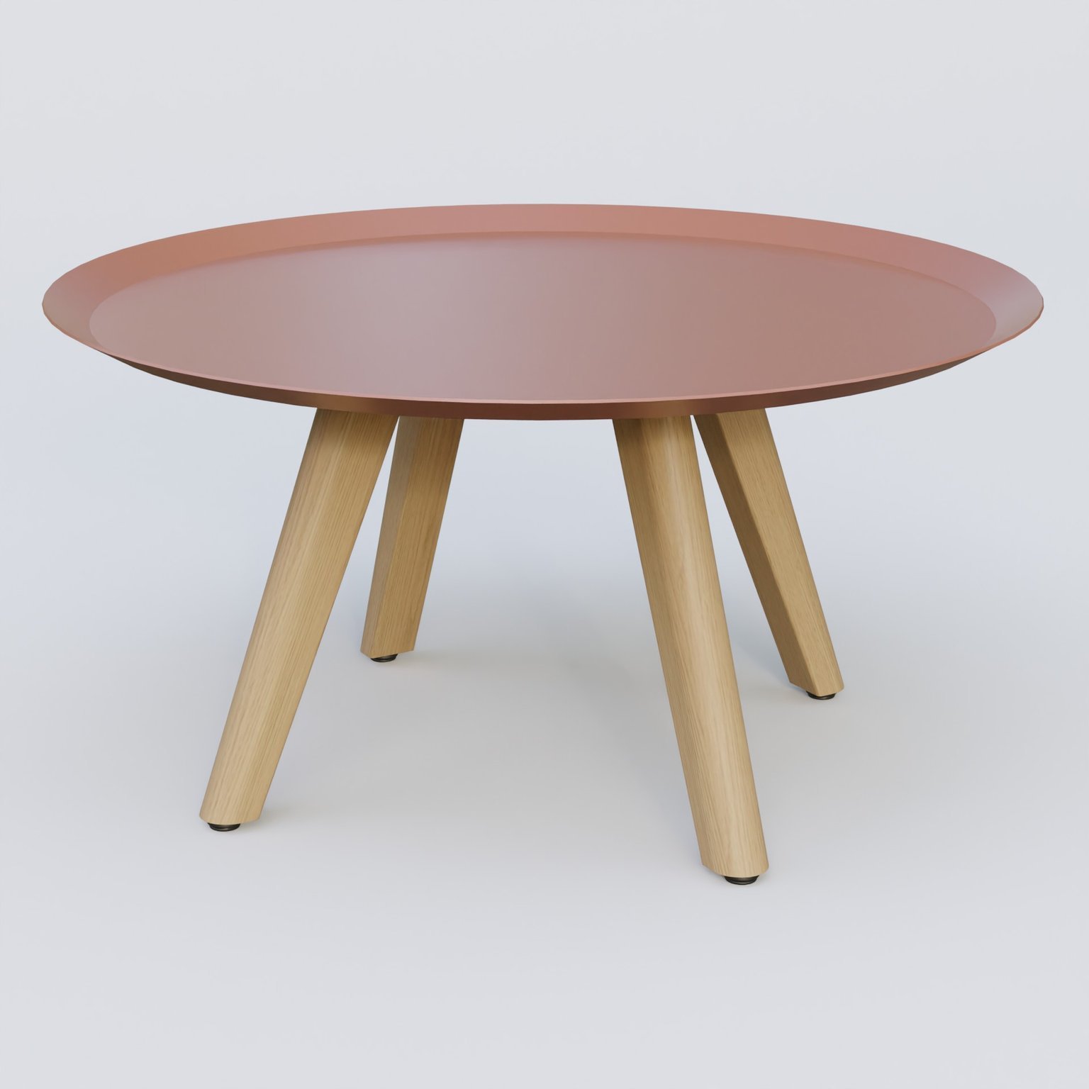 Table Basse Fashion Styl piètement 3 pieds bois et plateau métal. Plateau Brun cuivré (RAL 8004) et pietement Chêne.