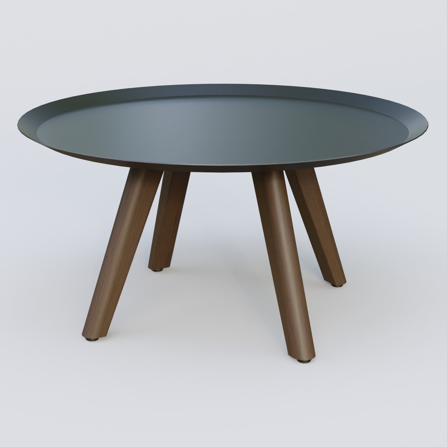 Table Basse Fashion Styl piètement 3 pieds bois et plateau métal. Plateau Noir (RAL 9005) et pietement Chêne Moka.