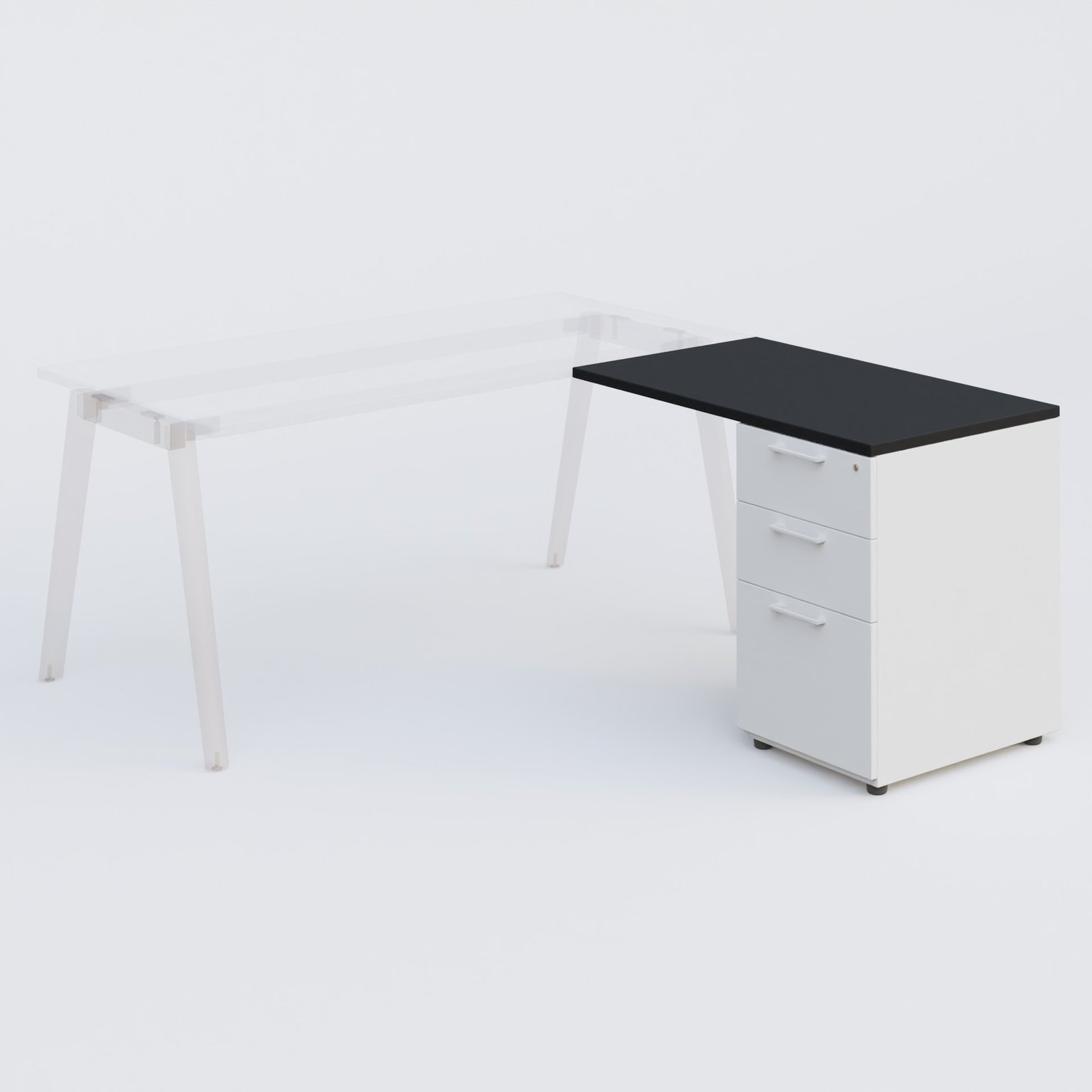 Extensions retour sur caisson 100*60 cm avec 3 tiroirs pour bureau K9. Plateau Noir et caissonBlanc.