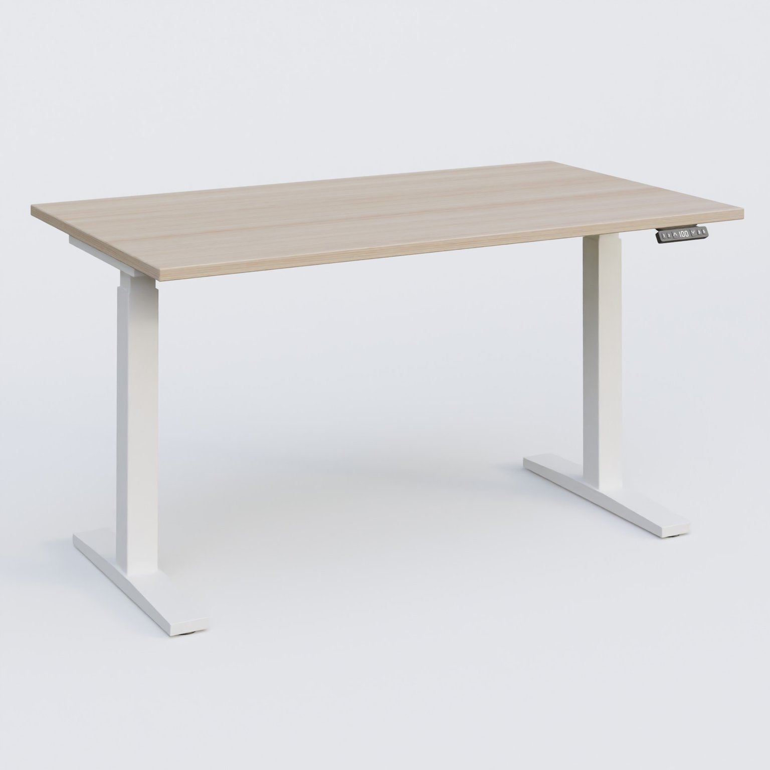 Poste solo 140*80 réglable en hauteur éléctriquement de 70-120 cm gamme KPro2. Plateau Acacia et pietement Blanc.