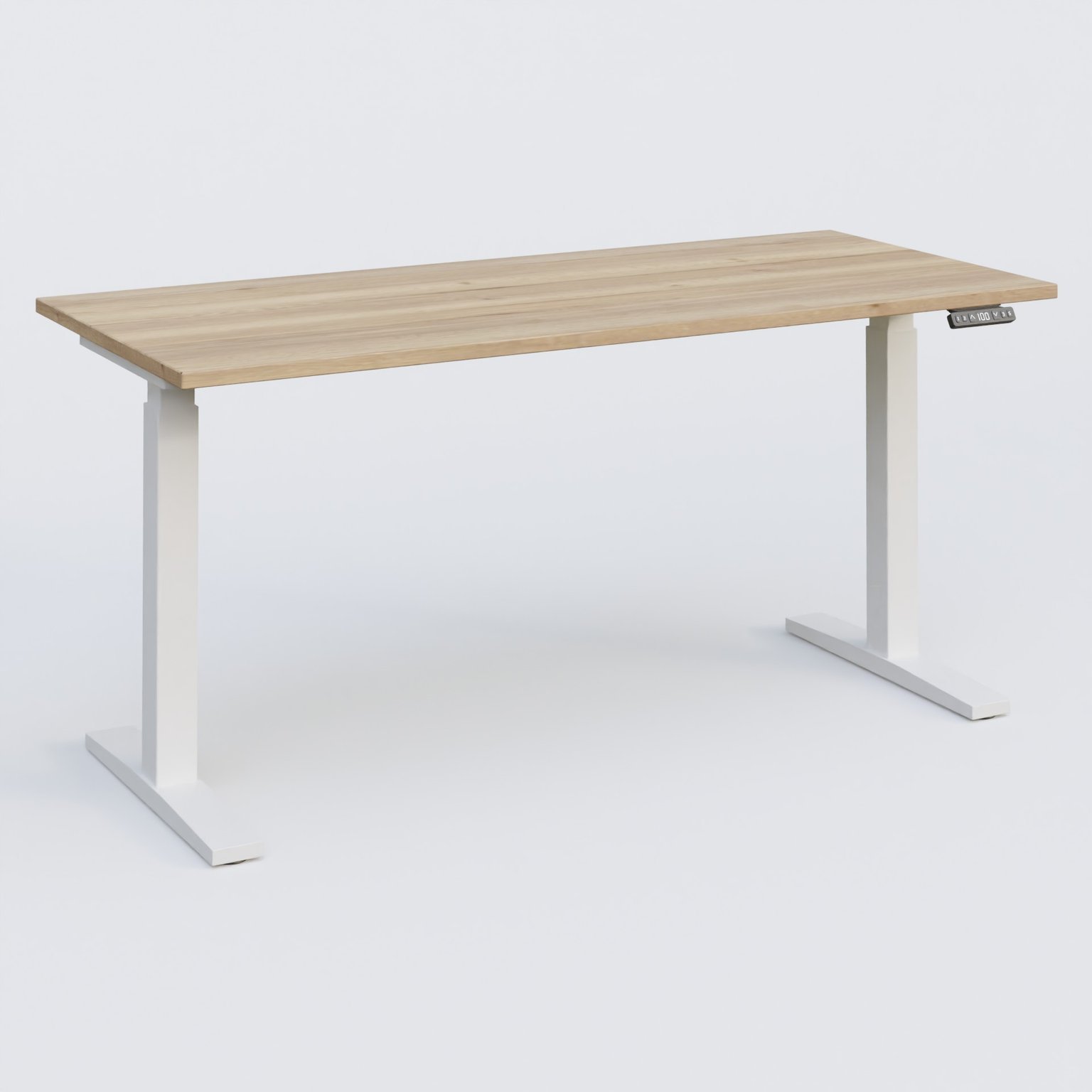 Poste solo 160*70 réglable en hauteur éléctriquement de 70-120 cm gamme KPro2. Plateau Chêne naturel et pietement Blanc.