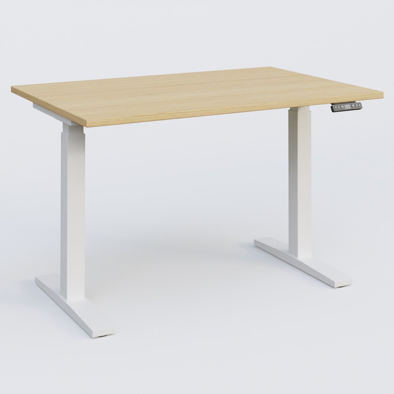 Poste solo 120*80 réglable en hauteur éléctriquement de 70-120 cm gamme KPro2. Plateau Chêne clair et pietement Blanc.