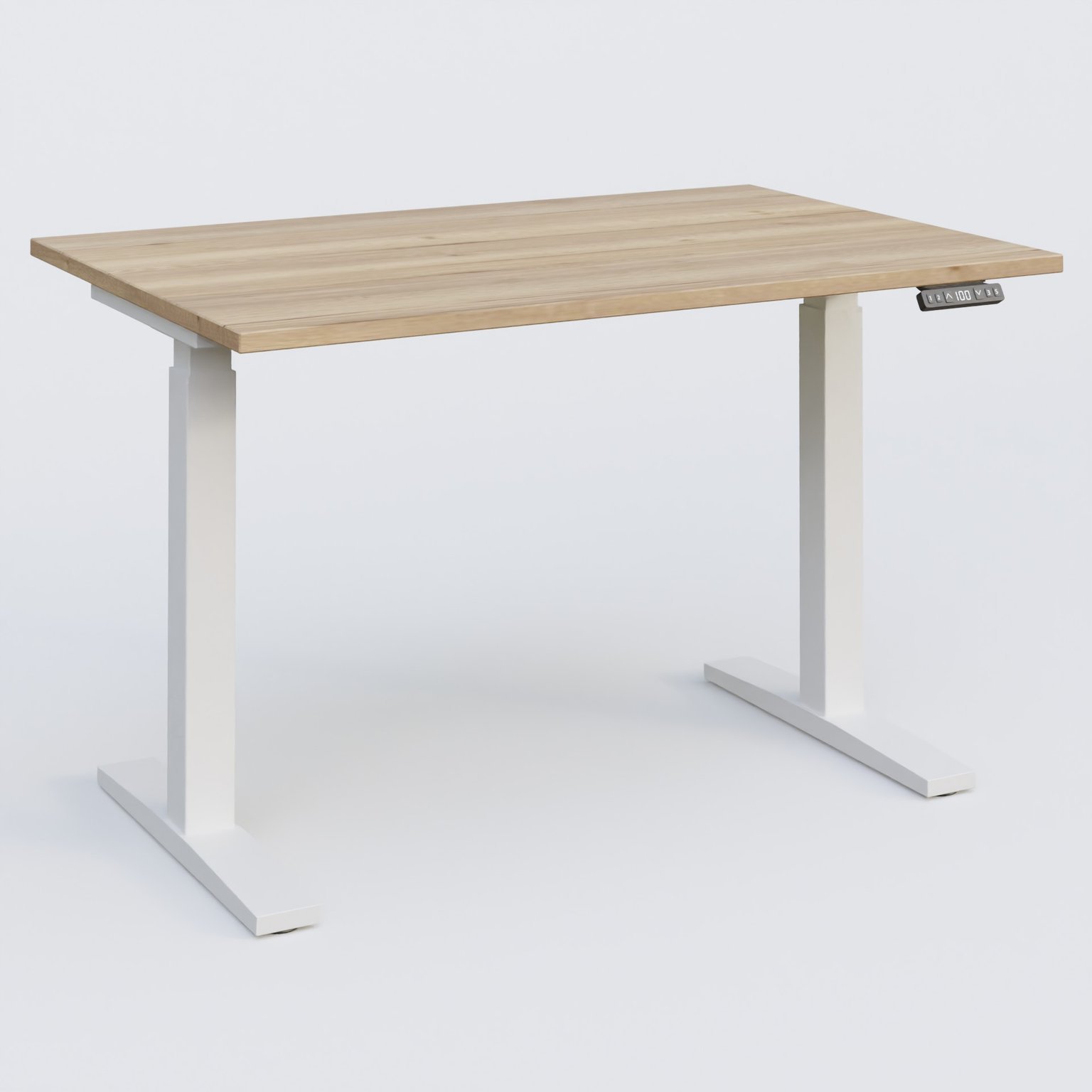Poste solo 120*80 réglable en hauteur éléctriquement de 70-120 cm gamme KPro2. Plateau Chêne naturel et pietement Blanc.