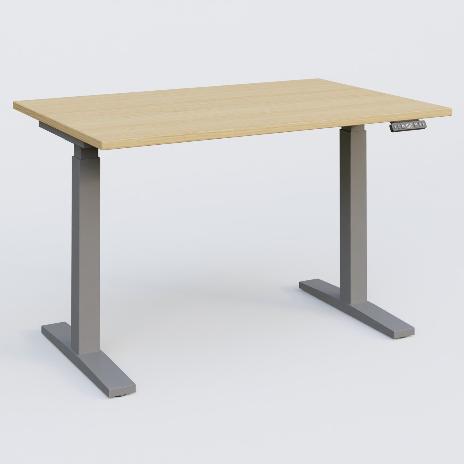 Poste solo 120*80 réglable en hauteur éléctriquement de 70-120 cm gamme KPro2. Plateau Chêne clair et pietement Aluminium.