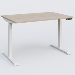 [Pas de famille] - [Pas de sous famille] - Poste solo 120*80 réglable en hauteur éléctriquement de 65-130 cm gamme KPro3. Plateau Acacia et pietement Blanc.