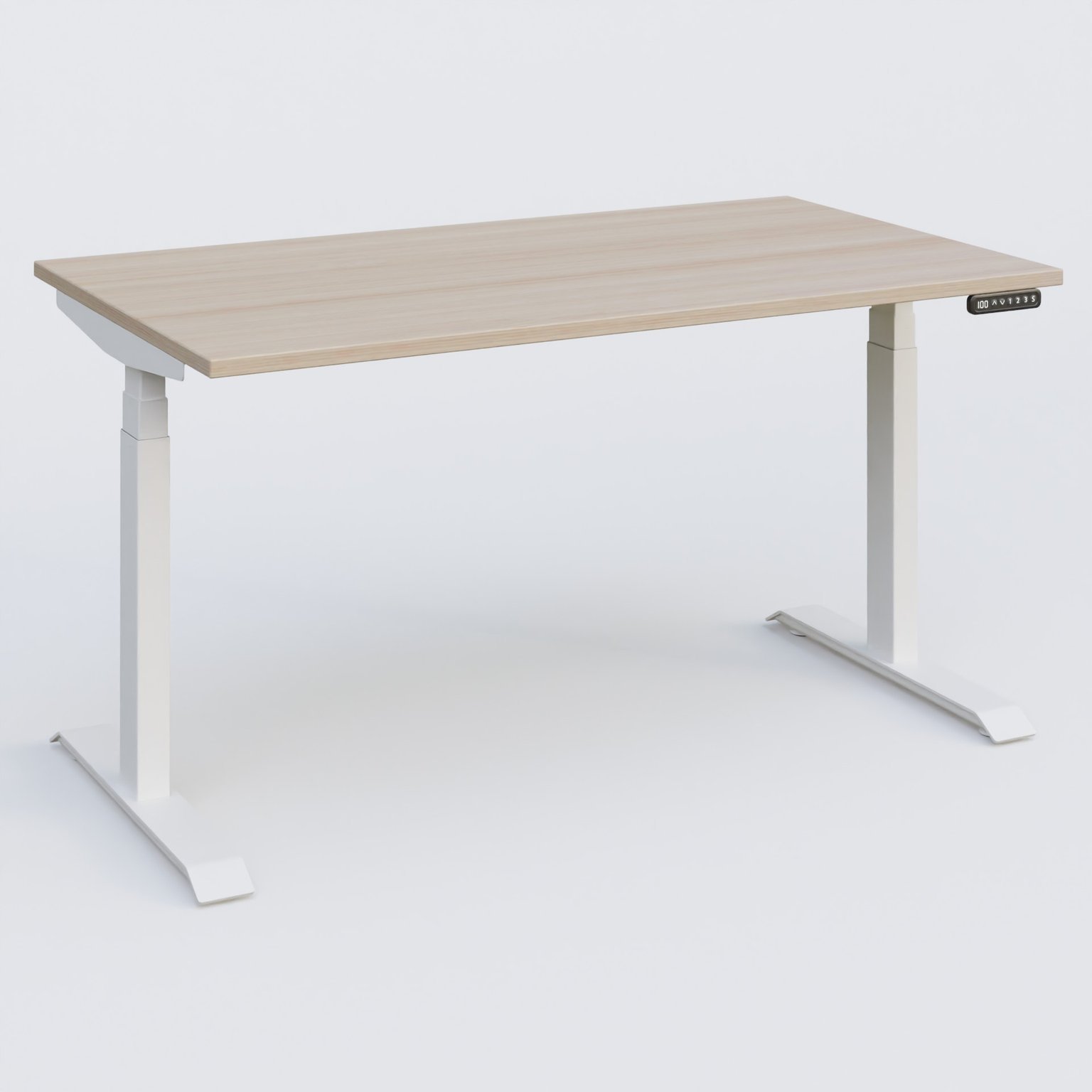 Poste solo 140*80 réglable en hauteur éléctriquement de 65-130 cm gamme KPro3. Plateau Acacia et pietement Blanc.