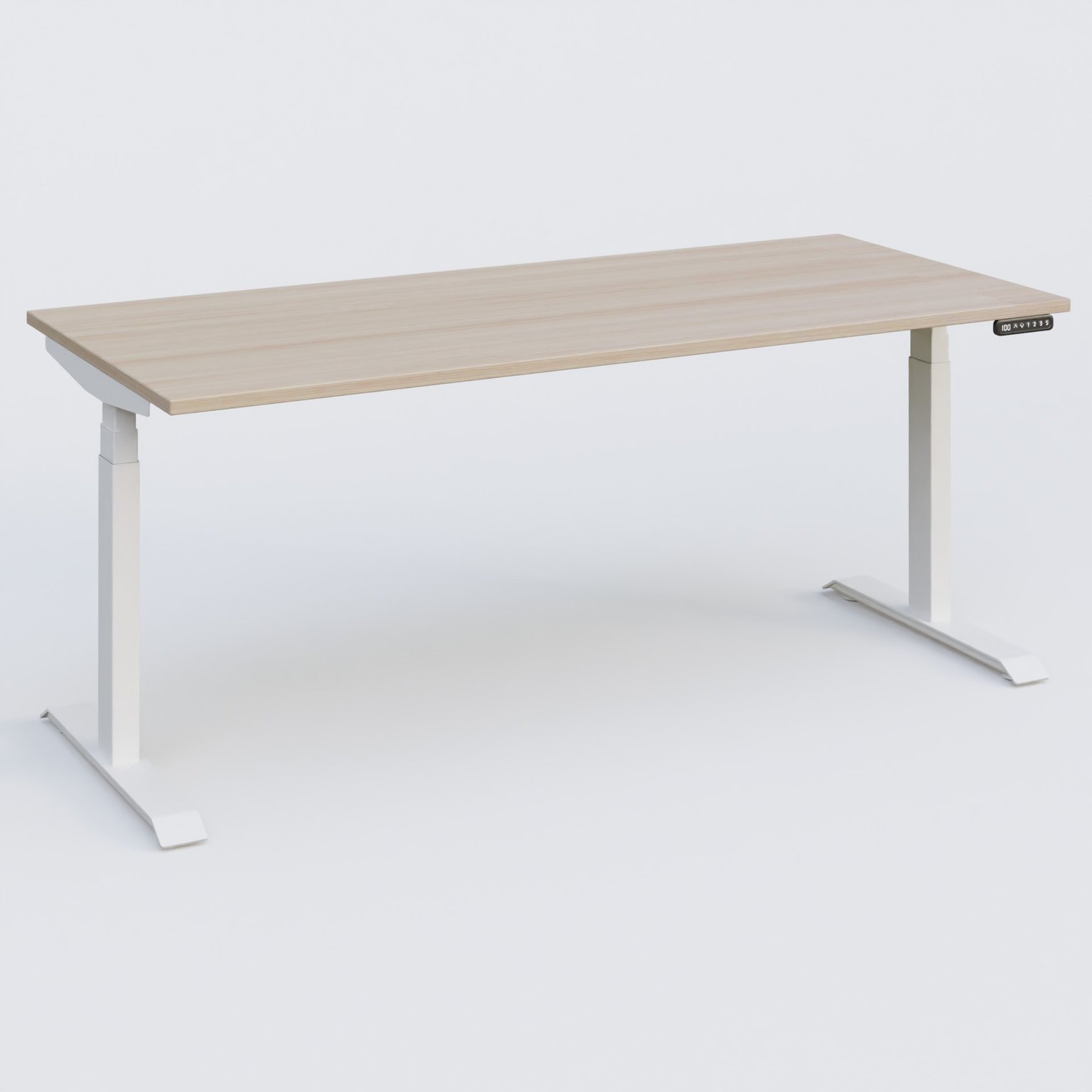 Poste solo 180*80 réglable en hauteur éléctriquement de 65-130 cm gamme KPro3. Plateau Acacia et pietement Blanc.
