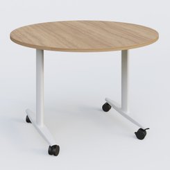 [Pas de famille] - [Pas de sous famille] - Table ronde abattante gamme Design D110 cm. Plateau Noyer et pietement Blanc.