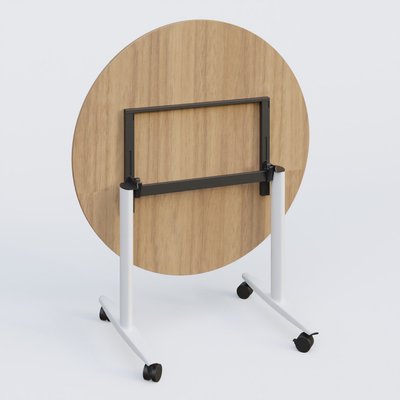 [Pas de famille] - [Pas de sous famille] - Table ronde abattante gamme Design D110 cm. Plateau Noyer et pietement Blanc.