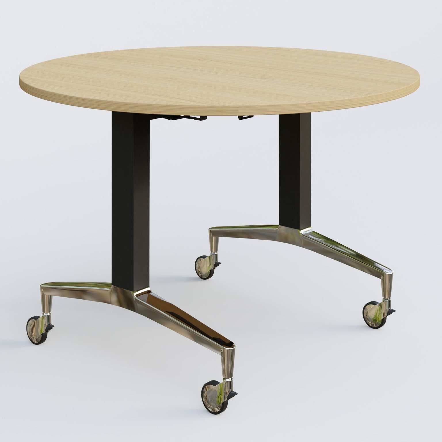 Table ronde de la gamme LEM D110 cm. Plateau Chêne clair et pietement Noir/Chrome.