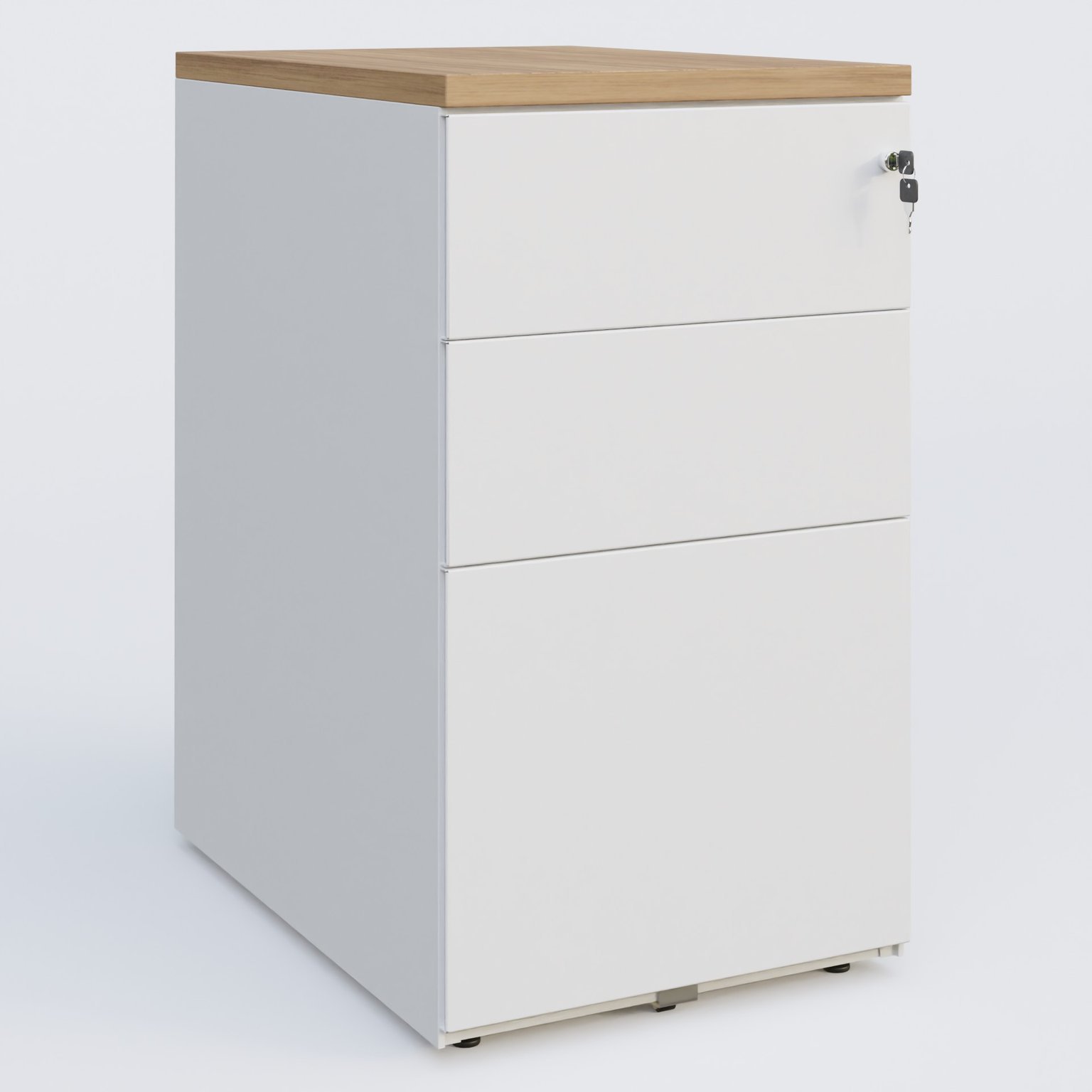 Caisson hauteur de bureau métalique 3 tiroirs avec top de finition, profondeur 60cm. Plateau Noyer et caisson Blanc.