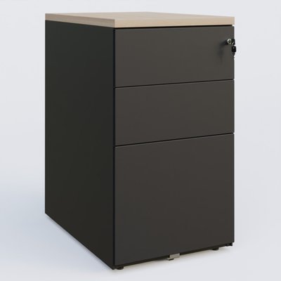 CAISSONS  - Hauteur de bureau - Caisson hauteur de bureau métalique 3 tiroirs avec top de finition, profondeur 60cm. Plateau Acacia et caisson Noir.