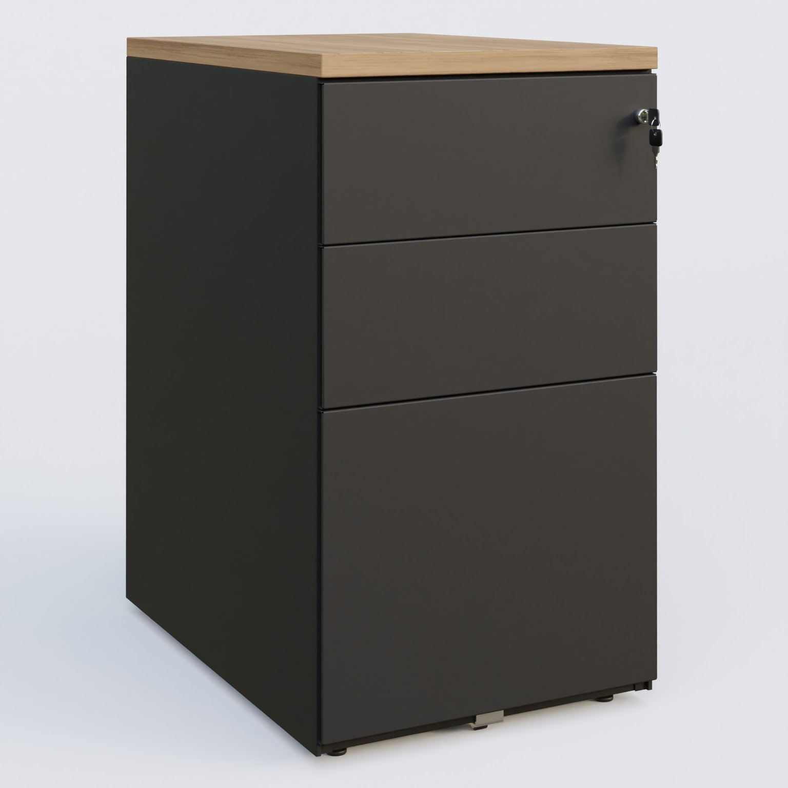 Caisson hauteur de bureau métalique 3 tiroirs avec top de finition, profondeur 60cm. Plateau Noyer et caisson Noir.