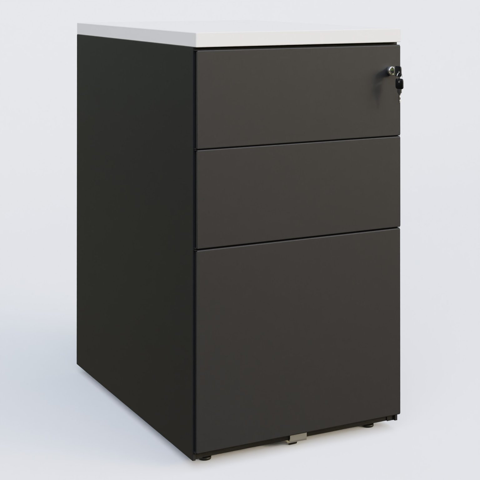 Caisson hauteur de bureau métalique 3 tiroirs avec top de finition, profondeur 60cm. Plateau Blanc et caisson Noir.