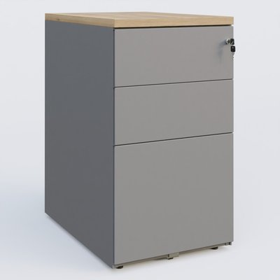 [Pas de famille] - [Pas de sous famille] - Caisson hauteur de bureau métalique 3 tiroirs avec top de finition, profondeur 60cm. Plateau Chêne naturel et caisson Aluminium.