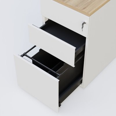 [Pas de famille] - [Pas de sous famille] - Caisson hauteur de bureau métalique 3 tiroirs avec top de finition, profondeur 60cm. Plateau Chêne naturel et caisson Blanc.