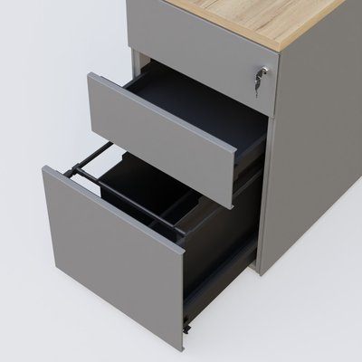 [Pas de famille] - [Pas de sous famille] - Caisson hauteur de bureau métalique 3 tiroirs avec top de finition, profondeur 60cm. Plateau Chêne naturel et caisson Aluminium.