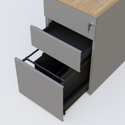 CAISSONS  - Hauteur de bureau - Caisson hauteur de bureau métalique 3 tiroirs avec top de finition, profondeur 60cm. Plateau Noyer et caisson Aluminium.