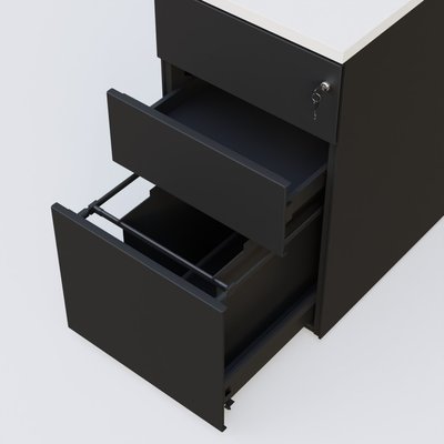 CAISSONS  - Hauteur de bureau - Caisson hauteur de bureau métalique 3 tiroirs avec top de finition, profondeur 60cm. Plateau Blanc et caisson Noir.