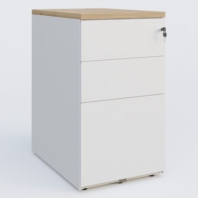 [Pas de famille] - [Pas de sous famille] - Caisson hauteur de bureau métalique 3 tiroirs avec top de finition, profondeur 80cm. Plateau Chêne naturel et caisson Blanc.