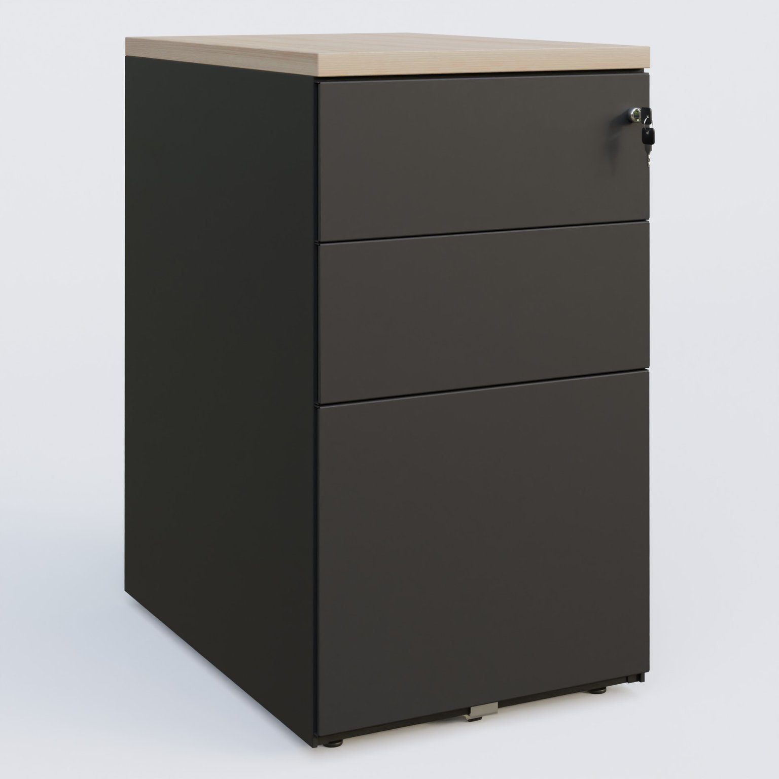 Caisson hauteur de bureau métalique 3 tiroirs avec top de finition, profondeur 80cm. Plateau Acacia et caisson Noir.