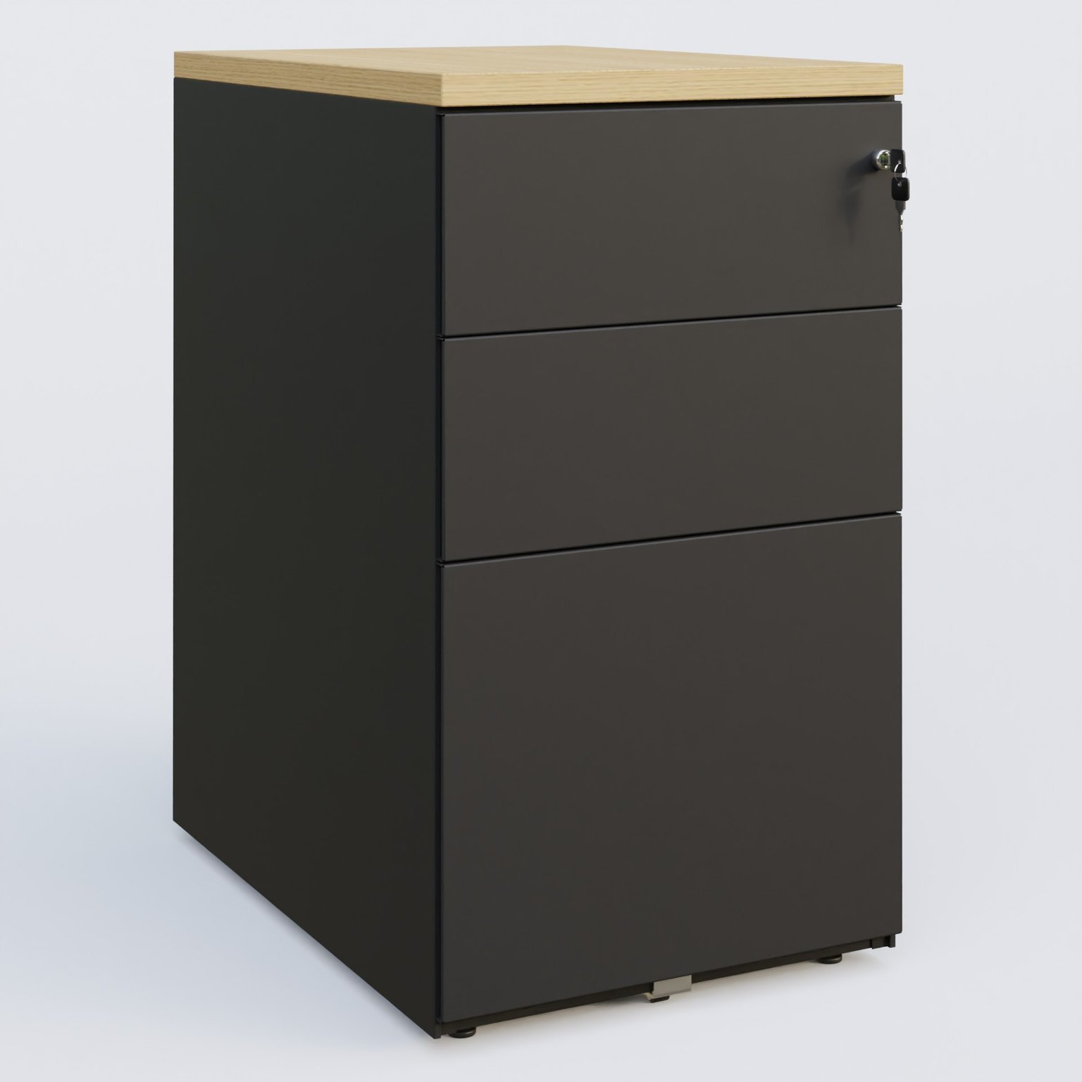 Caisson hauteur de bureau métalique 3 tiroirs avec top de finition, profondeur 80cm. Plateau Chêne clair et caisson Noir.