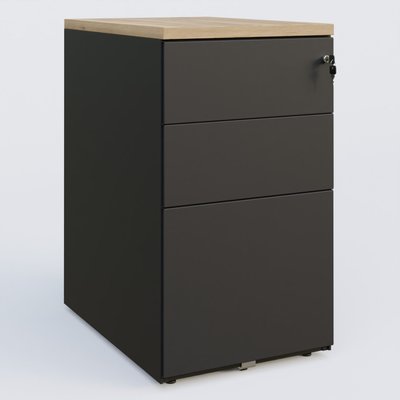 [Pas de famille] - [Pas de sous famille] - Caisson hauteur de bureau métalique 3 tiroirs avec top de finition, profondeur 80cm. Plateau Chêne naturel et caisson Noir.