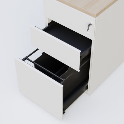 CAISSONS  - Hauteur de bureau - Caisson hauteur de bureau métalique 3 tiroirs avec top de finition, profondeur 80cm. Plateau Acacia et caisson Blanc.