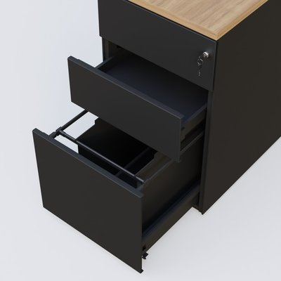 CAISSONS  - Hauteur de bureau - Caisson hauteur de bureau métalique 3 tiroirs avec top de finition, profondeur 80cm. Plateau Noyer et caisson Noir.