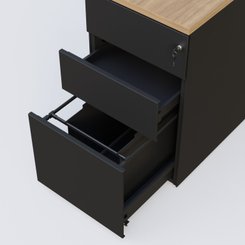 CAISSONS  - Hauteur de bureau - Caisson hauteur de bureau métalique 3 tiroirs avec top de finition, profondeur 80cm. Plateau Noyer et caisson Noir.