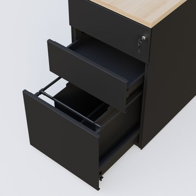CAISSONS  - Hauteur de bureau - Caisson hauteur de bureau métalique 3 tiroirs avec top de finition, profondeur 80cm. Plateau Hêtre et caisson Noir.