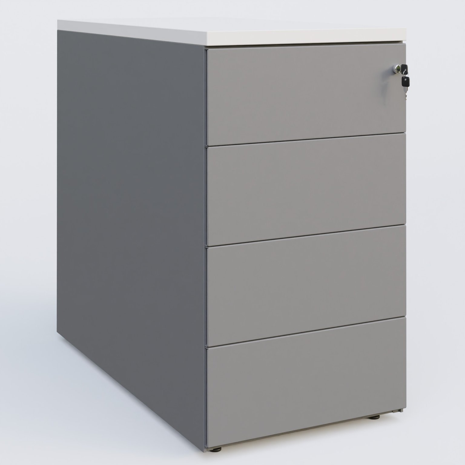 Caisson hauteur de bureau métalique 4 tiroirs avec top de finition, profondeur 60cm. Plateau Blanc et caisson Aluminium.