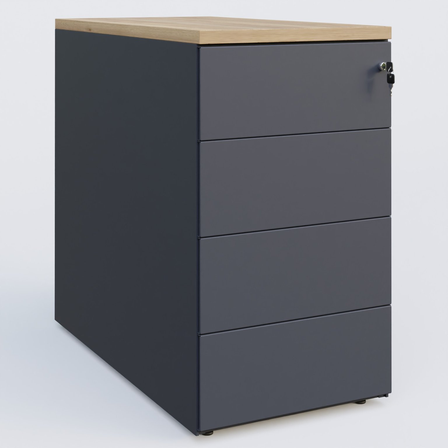 Caisson hauteur de bureau métalique 4 tiroirs avec top de finition, profondeur 60cm. Plateau Chêne naturel et caisson Anthracite.