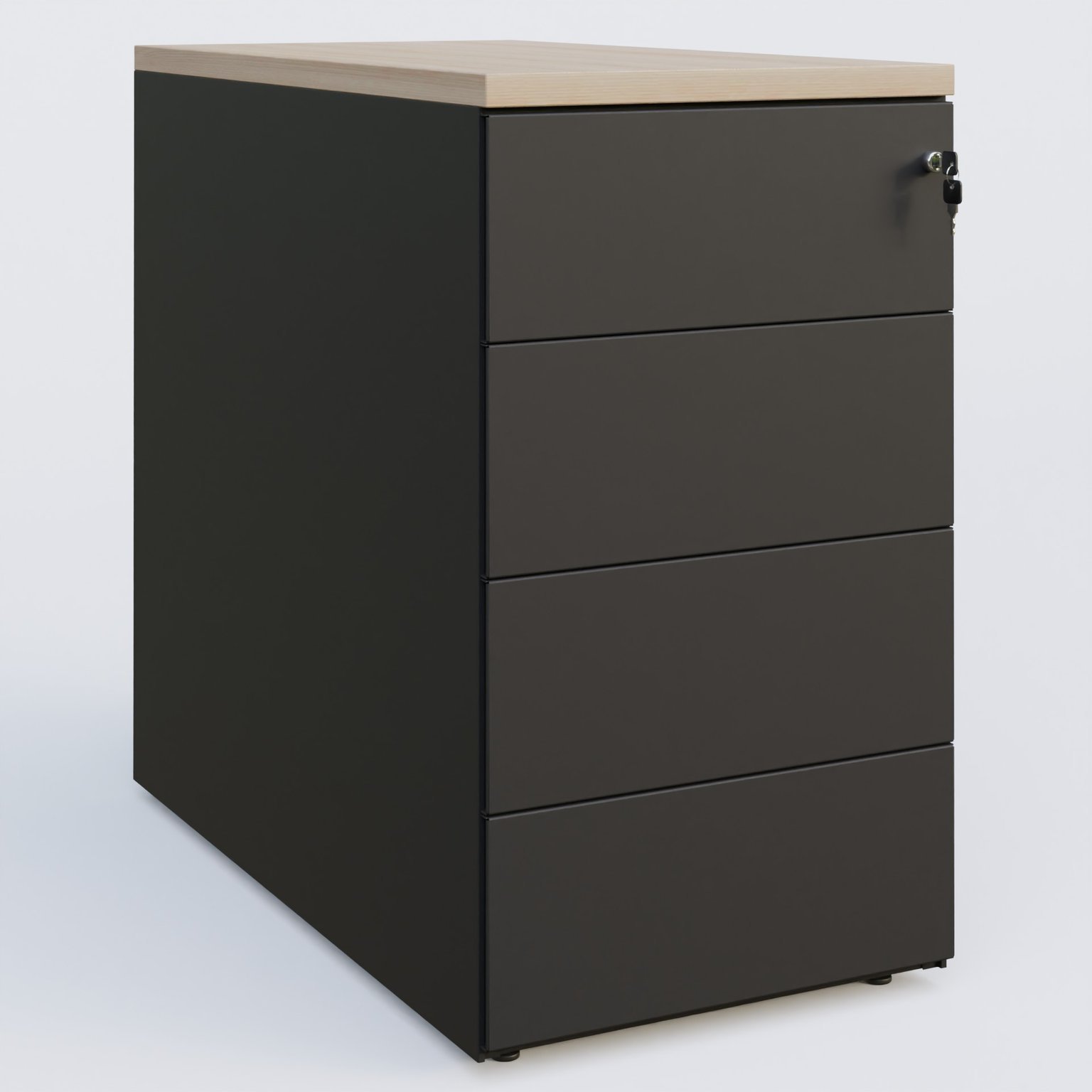 Caisson hauteur de bureau métalique 4 tiroirs avec top de finition, profondeur 60cm. Plateau Acacia et caisson Noir.