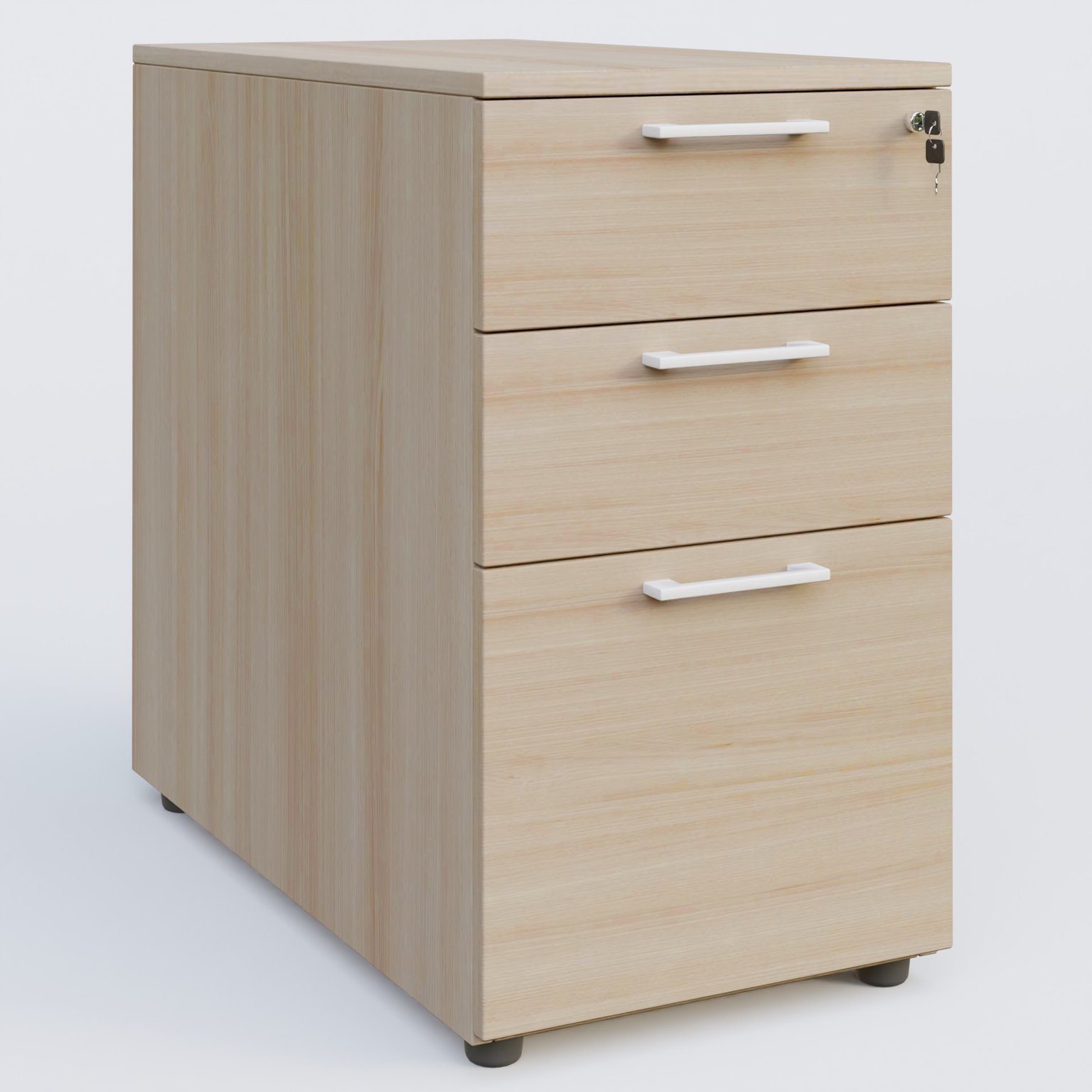 Caisson hauteur de bureau mélamine 3 tiroirs, profondeur 60cm. Caisson Acacia et poignets Blanc.