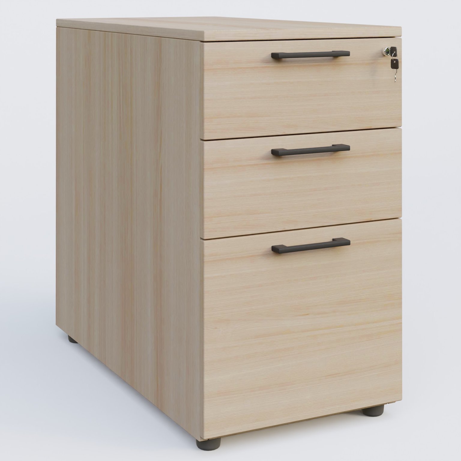 Caisson hauteur de bureau mélamine 3 tiroirs, profondeur 60cm. Caisson Acacia et poignets Noir.