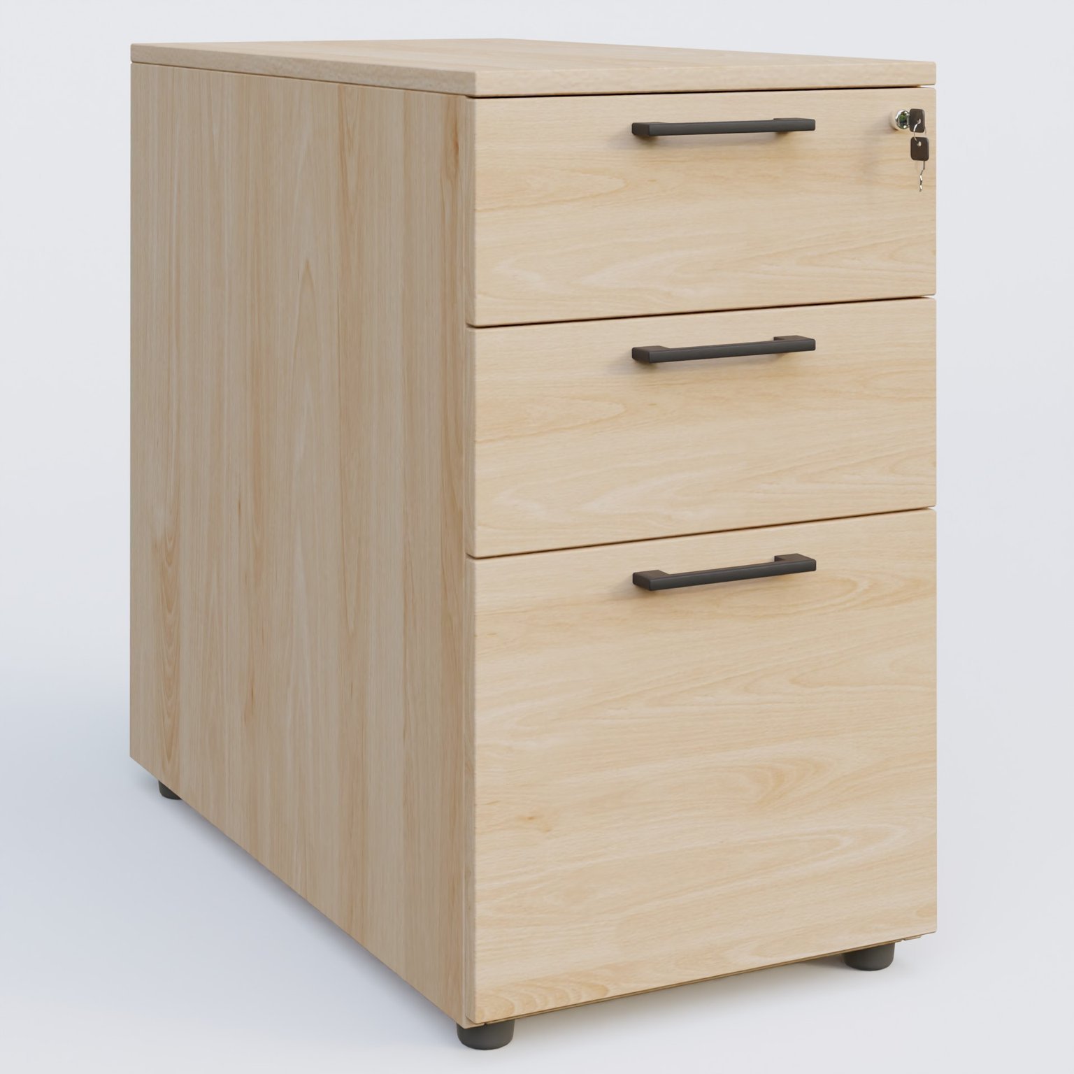 Caisson hauteur de bureau mélamine 3 tiroirs, profondeur 60cm. Caisson Hêtre et poignets Noir.