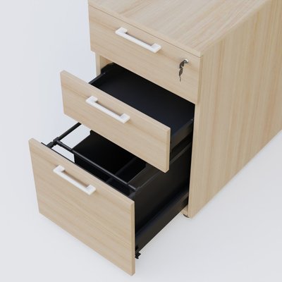 CAISSONS  - Hauteur de bureau - Caisson hauteur de bureau mélamine 3 tiroirs, profondeur 80cm. Caisson Acacia et poignets Blanc.
