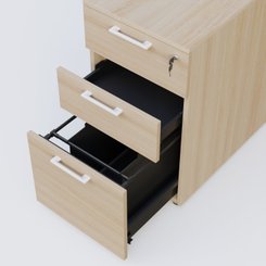 CAISSONS  - Hauteur de bureau - Caisson hauteur de bureau mélamine 3 tiroirs, profondeur 80cm. Caisson Acacia et poignets Blanc.