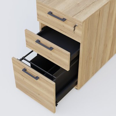 [Pas de famille] - [Pas de sous famille] - Caisson hauteur de bureau mélamine 3 tiroirs, profondeur 60cm. Caisson Chêne naturel et poignets Anthracite.