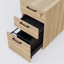[Pas de famille] - [Pas de sous famille] - Caisson hauteur de bureau mélamine 3 tiroirs, profondeur 60cm. Caisson Chêne naturel et poignets Noir.