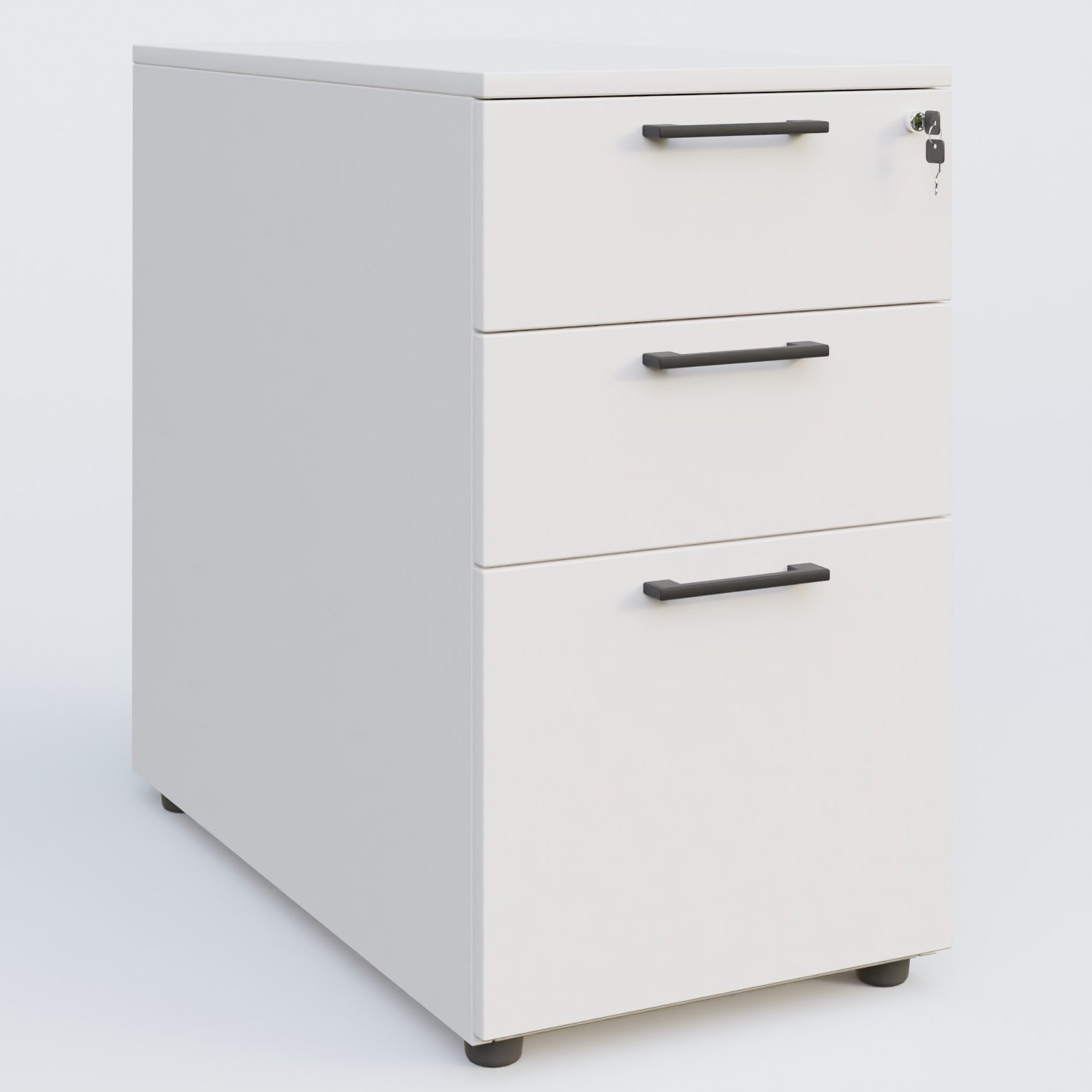 Caisson hauteur de bureau mélamine 3 tiroirs, profondeur 80cm. Caisson Blanc et poignets Noir.
