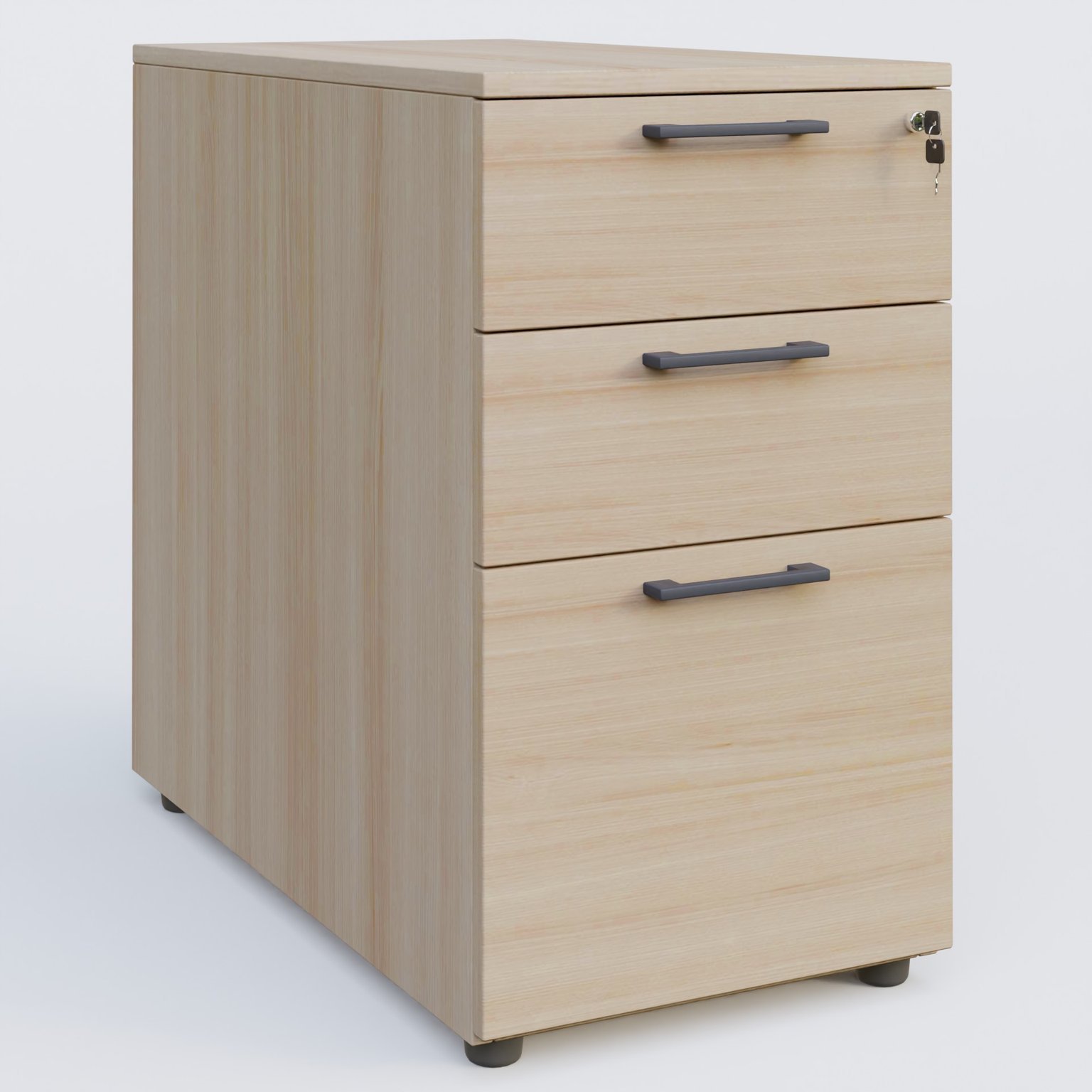Caisson hauteur de bureau mélamine 3 tiroirs, profondeur 80cm. Caisson Acacia et poignets Anthracite.